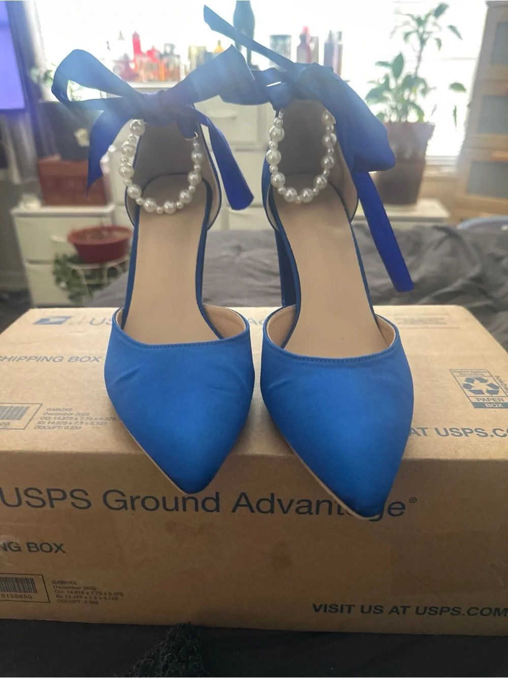 Royal Blue Satin Block Heels with Pearl Strap & Wrap-Around Ribbon Tie – Size 41